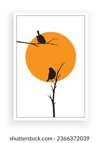 Birds silhouette on tree on sunset, vector. Bird on branch illustration isolated on white background. Minimalist art design