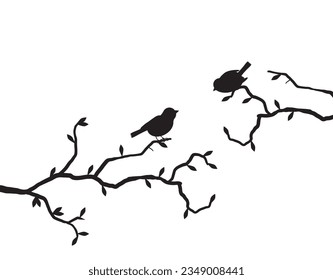 Birds silhouette on tree, vector. Birs silhouette and branch illustration isolated on white background. Black and white minimalist art design