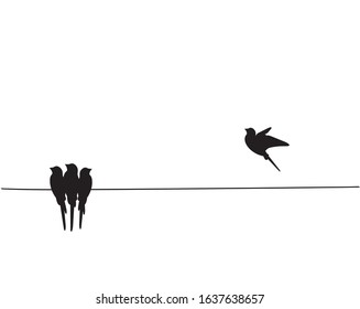 Birds silhouette on wire and flying bird, vector. Scandinavian minimalism art design. Birds illustration isolated on white background. Wall art, artwork, poster design