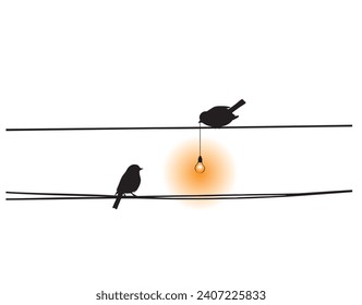 Birds silhouette on wire holding light bulb Vector, Minimalist poster design isolated on white background. Scandinavian design. Wall Decals, Art Decor