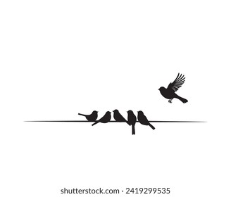 Birds silhouette on wire isolated on white background, vector illustration. Wall decals, wall artwork. Scandinavian minimalist black and white poster design