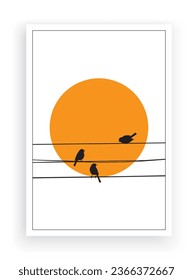 Birds silhouette on wire on sunset, vector. Three birds silhouette on wiew isolated on white background, illustration. Wall Decals, Wall Art Decoration. Wall artwork. Minimalist poster design