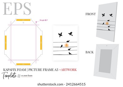 Birds silhouette on wire, vector. Scandinavian minimalism art design. Desk Picture Frame A3 Template, Vector with die cut, laser cut layers. White, clear, blank, Kapafix desk picture frame 