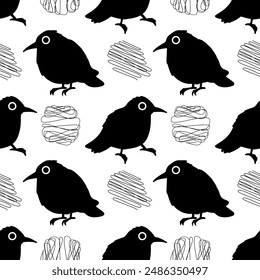 Birds silhouette seamless pattern design black and white with abstract elements