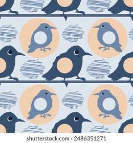 Birds silhouette seamless pattern design with abstact elements, blue and orange colors, vector