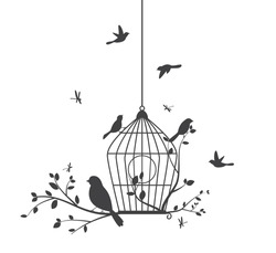 Birds Silhouette With Tree And Birdcages