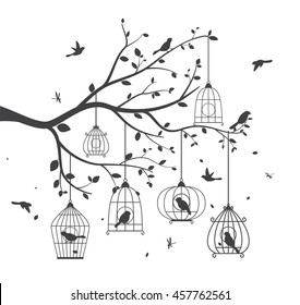 Birds silhouette with tree and birdcages