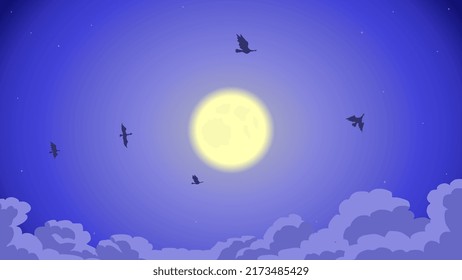 Birds silhouetted against the moon. Vector.