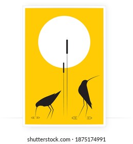 Birds silhouettes and bamboo on sunset, vector. Waterbirds illustration isolated on yellow background. Minimalist modern art design. Poster design, minimalism. Wall decals, wall art, artwork