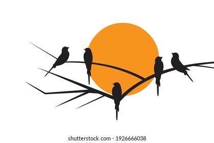 Birds silhouettes and branch illustration on sunset, vector. Scandinavian minimalist three pieces of poster design. Modern wall art, wall decals, artwork. Beautiful painting design. Home decoration