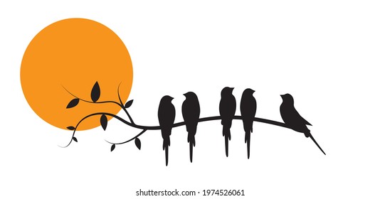 Birds silhouettes and branch illustration on sunset, vector. Scandinavian minimalist three pieces of poster design. Modern wall art, wall decals, artwork. Beautiful painting design. Home decoration