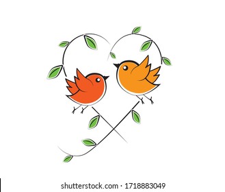 Birds silhouettes and branch in a shape of a heart, vector. Cute colorful birds couple in love. Cartoon illustration. Wall decals, artwork. Romantic Poster design. Valentine greeting card design. 
