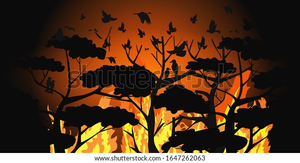 オーストラリアの動物が燃え尽きる火の中で 山火の森を飛ぶ鳥のシルエット 猛火自然災害のコンセプト 猛火の炎の水平ベクターイラスト のベクター画像素材 ロイヤリティフリー
