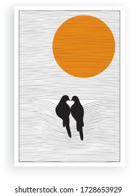 Birds silhouettes in front of a window on sunset, vector. Birds silhouettes in a shape of a heart. Window blinds illustration.  