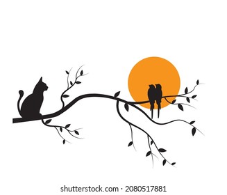 Birds silhouettes on branch and cat illustration, vector. Birds and cat silhouettes and branch isolated on white background. Black and white art design, wall decals. Wall art, artwork. 