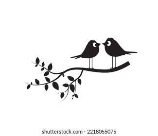 Birds silhouettes on branch illustration, vector. Fun cartoon art design isolated on white background. Black and white wall decal