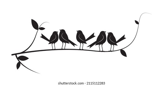 Birds silhouettes on branch isolated on white background, vector. Birds on tree illustration. Black and white wall decals. Wall art, artwork