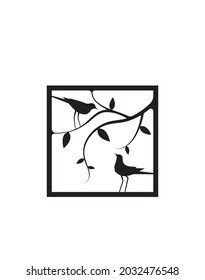 Birds silhouettes on branch, metal art. Birds on tree illustration in square, vector. Minimalist modern wall art. Wall artwork, home decoration.
