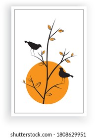 Birds silhouettes on branch on sunset, vector. Birds couple silhouette on branch isolated on white background, illustration. Wall decals, Wall art decoration. Wall artwork