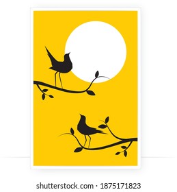 Birds Silhouettes on Branch on sunset, Vector. Birds couple silhouette on branch isolated on yellow background, illustration. Wall Decals, Wall Art Decoration. Wall artwork. Romantic poster design