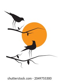 Birds silhouettes on branch on sunset, vector. Minimalist nature poster design, illustration. Wall decals, wall art, artwork