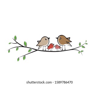 Birds silhouettes on branch, vector. Birds family, Colorful birds illustration. Wall decals, wall artwork. Minimalism poster design  isolated on white background. Spring season