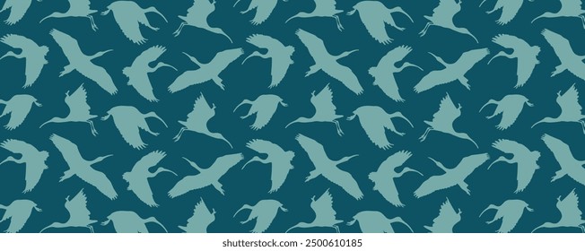 Birds silhouettes on dark background. Flying ibis birds pattern. Vector seamless wallpaper with tropical birds of Trinidad Tobago island.