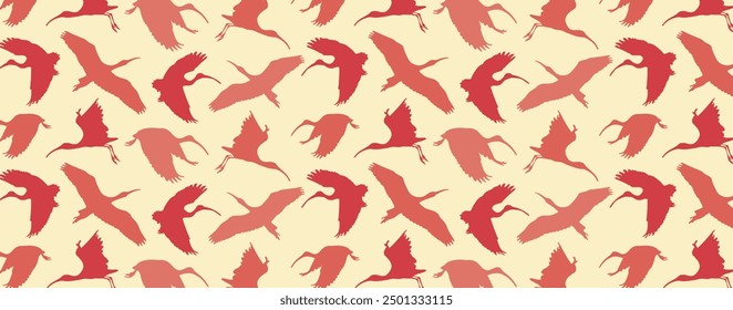 
Siluetas de pájaros sobre fondo claro. Patrón de ibis escarlata volador. Fondo de pantalla sin fisuras de Vector con aves tropicales de la isla de Trinidad y Tobago