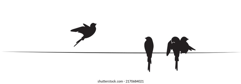 Birds silhouettes on wire and flying bird silhouette, illustration. Wall decals, wall artwork. Scandinavian minimalist poster design isolated on white background