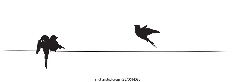 Birds silhouettes on wire and flying bird silhouette, illustration. Wall decals, wall art work. Scandinavian minimalist poster design isolated on white background
