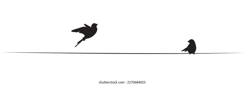 Birds silhouettes on wire and flying bird silhouette, illustration. Wall decals, wall art work. Scandinavian minimalist poster design isolated on white background