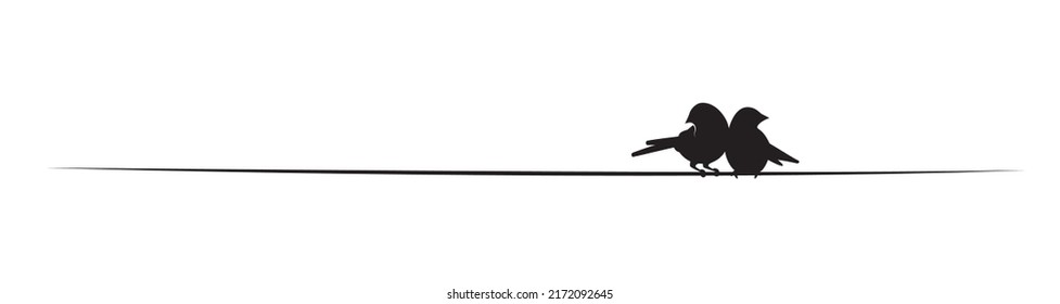 Birds silhouettes on wire and flying bird silhouette, illustration. Wall decals, wall art work. Scandinavian minimalist poster design isolated on white background