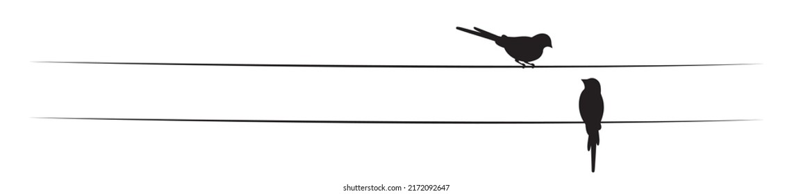 Birds silhouettes on wire and flying bird silhouette, illustration. Wall decals, wall art work. Scandinavian minimalist poster design isolated on white background