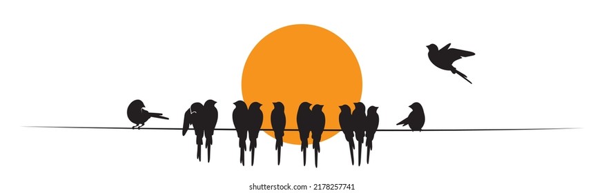 Birds silhouettes on wire and flying bird silhouette, illustration. Wall decals, wall art work. Scandinavian minimalist poster design isolated on white background