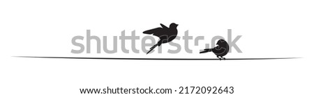 Birds silhouettes on wire and flying bird silhouette, illustration. Wall decals, wall art work. Scandinavian minimalist poster design isolated on white background