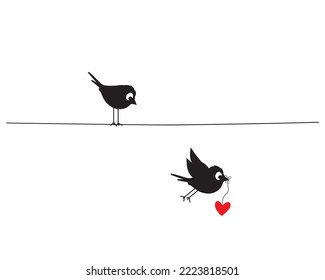 Birds silhouettes on wire holding red heart illustration, vector. Fun cartoon art design. Minimalist poster design isolated on white background. Art design. Wall Decals, Bird Silhouettes illustration