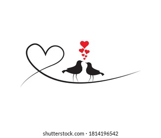 Siluetas de pájaros en alambre en el amor, vector. Aves en pareja enamoradas de los corazones rojos, ilustración. Caricatura aislada en fondo blanco. Decretos de pared, obras de arte, arte mural, diseño de afiches divertidos