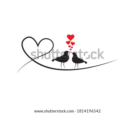 Birds silhouettes on wire in love, vector. Birds couple in love with red hearts, illustration. Cartoon character isolated on white background. Wall decals, artwork, wall art, fun poster design