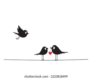 Birds silhouettes on wire with red heart illustration, vector. Fun cartoon art design. Minimalist poster design isolated on white background. Art design. Wall Decals, Bird Silhouettes illustration