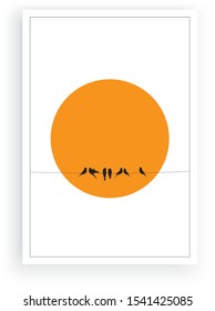 Birds silhouettes on wire on sunset, vector. Minimalist poster design. Wall decals, wall art work. Minimalism background