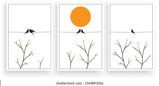 Birds silhouettes on wire on sunset, sunrise with branches illustration, vector. Minimalist art work, three pieces poster design. Wall art work, wall decals, wall decoration. Scandinavian design