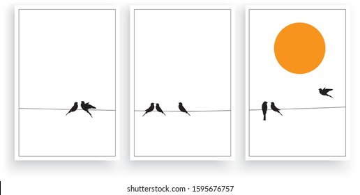 Birds silhouettes on wire on sunset / sunrise, vector. Minimalist art work, three pieces poster design. Wall art work, wall decals, wall decoration. Scandinavian design