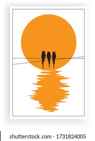 Birds silhouettes on wire on sunset / sunrise, vector. Scandinavian Minimalist poster design isolated on white background. Wall decals, wall art work, art design, artwork