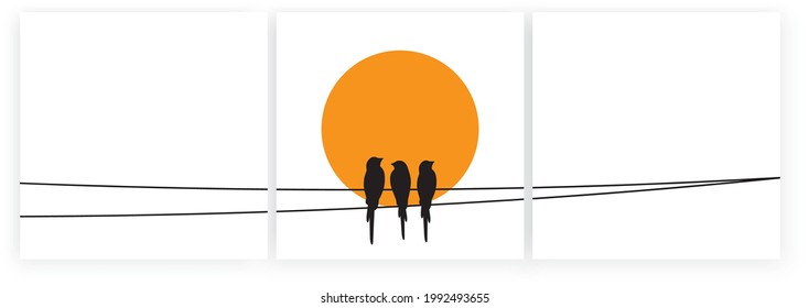 Birds silhouettes on wire on sunset, vector. Scandinavian minimalism art design. Birds illustration isolated on white background. Wall art, artwork, poster design. Freedom concept