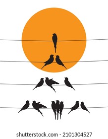 Birds silhouettes on wire on sunset, vector. Wall decals, wall artwork. Scandinavian minimalist art design. Poster design isolated on white background. 