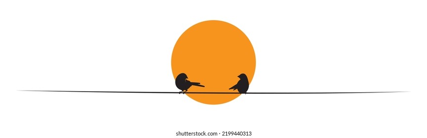 Siluetas de pájaros en alambre al atardecer, ilustración. Decadaciones murales, obras de arte en la pared. Diseño de afiches minimalistas escandinavos aislados en fondo blanco