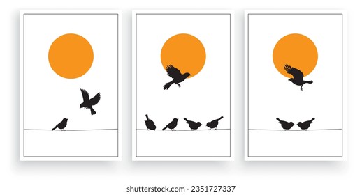 Birds silhouettes on wire on sunset, sunrise with branches illustration, vector. Minimalist art work, three pieces poster design. Wall art work, wall decals, wall decoration. Scandinavian design