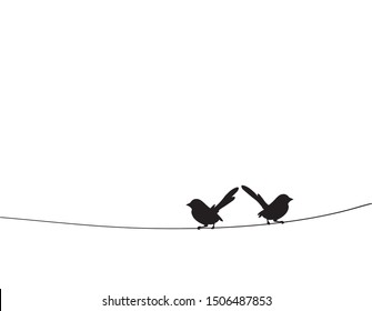 Birds silhouettes on wire, vector. Black and white illustration. Scandinavian minimalist art design. Wall decals, art design, wall artwork. Two birds silhouettes on wire isolated on white background
