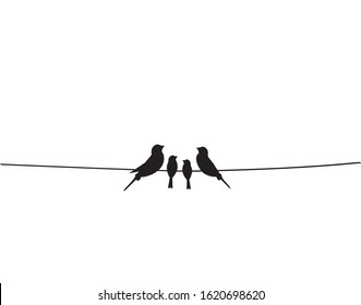 Birds silhouettes on wire, vector. Family birds illustration. Scandinavian minimalist art design, wall decals, wall artwork, home decor. Poster design isolated on white background