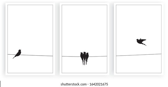 Birds silhouettes on wire, vector. Scandinavian minimalist three pieces poster design isolated on white background. Flying bird silhouette, illustration. Wall decals, wall art, artwork, home decor